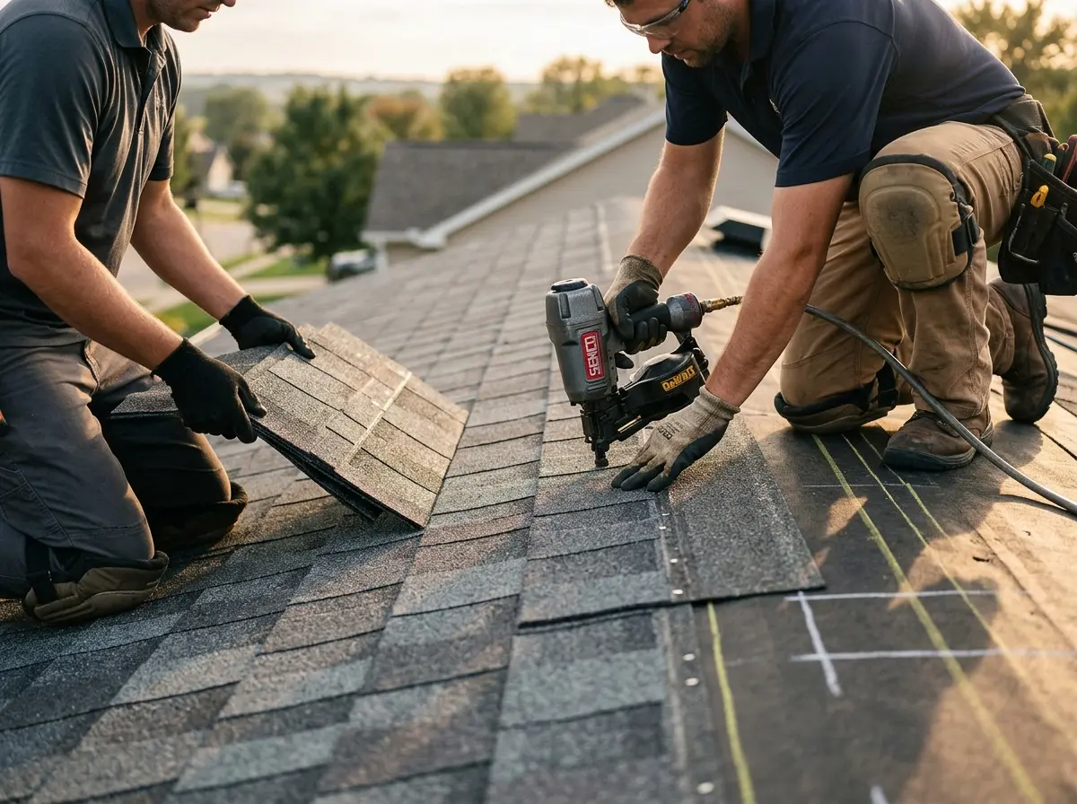 Professional roofer working on a residential roof in Colorado Springs